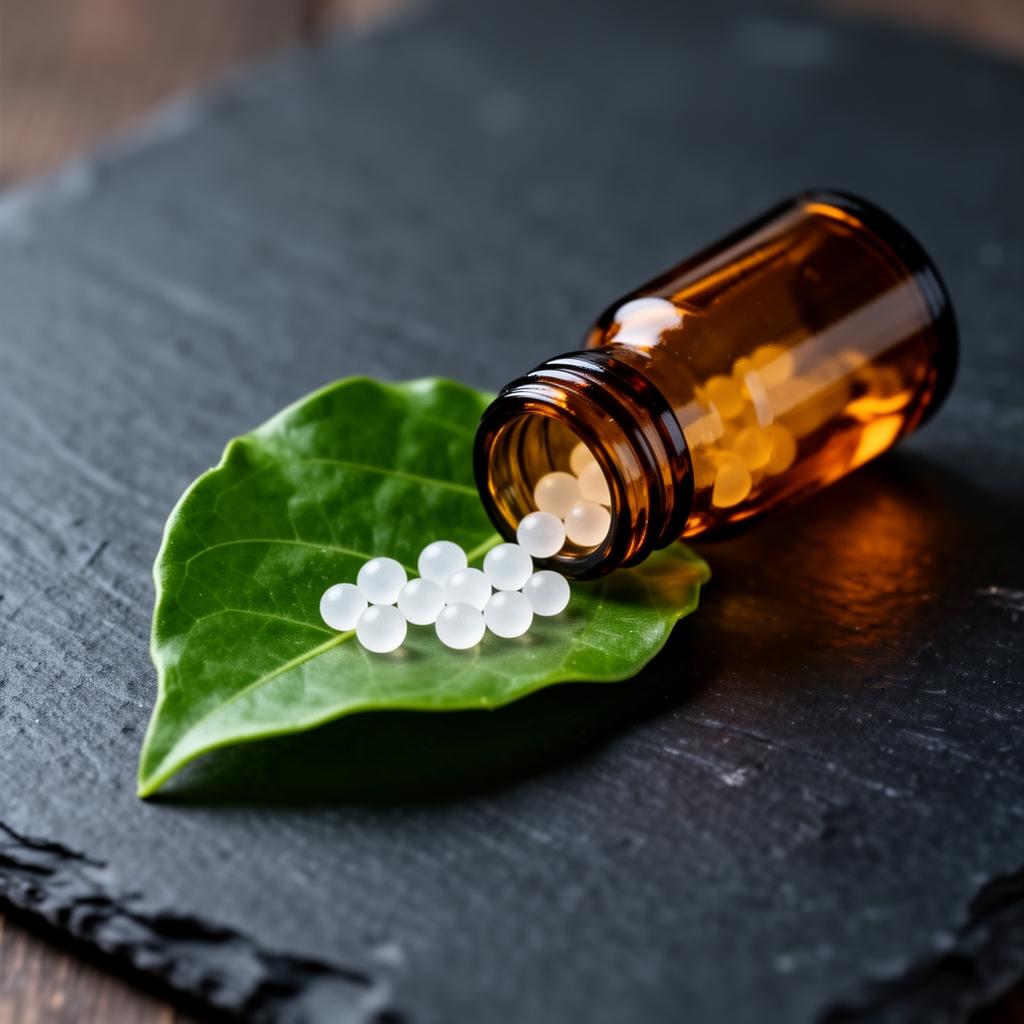 Homeopathy medicine bottle with globules on a green leaf